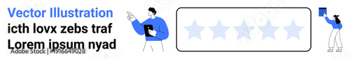 Customer feedback, user reviews, business performance, quality assessment, rating system, digital evaluation. Illustrated figures interacting with a five-star rating panel. Customer feedback and user