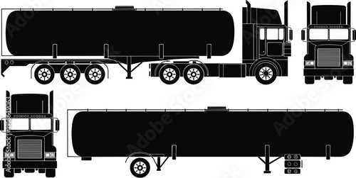 Collection of black fuel tanker truck silhouettes semi trailer icons set isolated on white background cad drawing flat vector illustration for logistics design