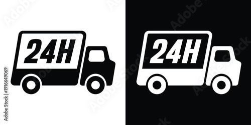 24-hour express delivery truck icon vector. Black and white minimalist design representing fast shipping, round-the-clock service, and urgent logistics solutions.
