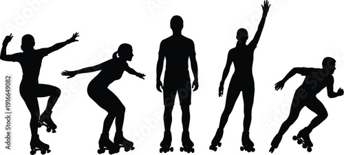 Black silhouette collection of people roller skating and inline skating in various active poses isolated on white background vector illustration.