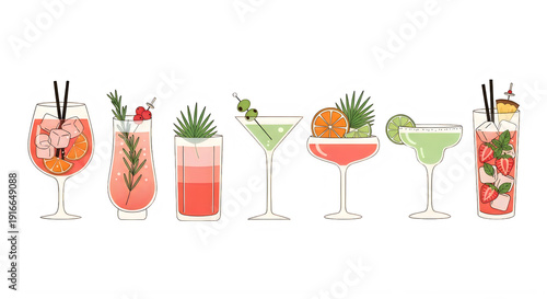 A row of colorful cocktails with umbrellas and garnishes isolated on transparent background