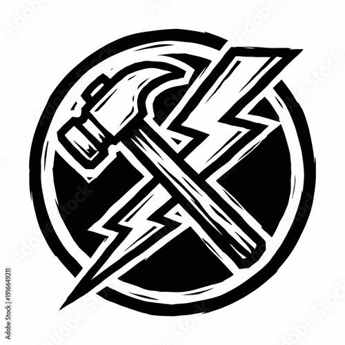 A black and white circular logo featuring a stylized hammer crossed with a lightning bolt, depicting power and construction.