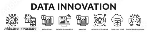 Data innovation banner showcasing advanced analytics and intelligent transformation infrastructure. in Lineal Icon Style