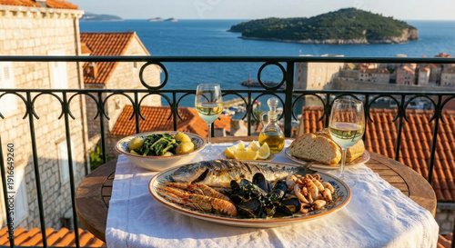 Luxury Seafood Platter Lunch on Balcony Overlooking Dubrovnik Old Town in Croatia