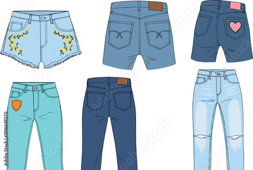 Denim shorts and jeans collection with embroidered and patched designs representing casual fashion, street style, and modern clothing illustrated in flat vector style