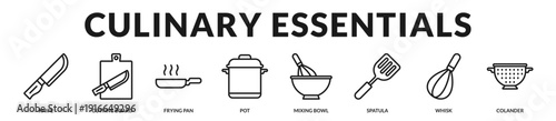 Professional culinary essentials set representing core kitchen tools for modern cooking preparation and home gastronomy concepts. in Lineal Icon Style