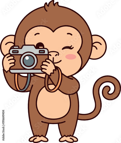 Cute monkey photographer holding camera illustration representing playful animal character, creativity, and fun cartoon mascot in modern flat vector style