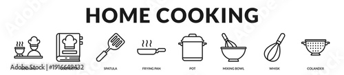 Home cooking essentials concept highlighting practical tools and recipe inspiration for everyday culinary creativity. in Lineal Icon Style