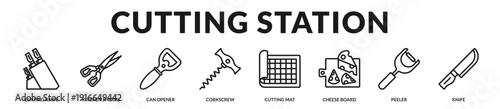 Dedicated cutting station toolkit optimized for safe food preparation, slicing precision, and professional kitchen workflow. in Lineal Icon Style