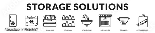 Integrated kitchen storage and cleaning solutions designed to maintain freshness, organization, and efficient food preparation environments. in Lineal Icon Style