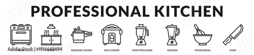 Professional kitchen equipment collection crafted for high performance culinary operations and efficient meal preparation. in Lineal Icon Style