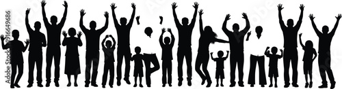 Black silhouette of children standing in a row including boys and girls in profile view isolated on a white background