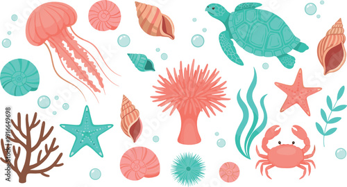 Cute ocean sea life illustration with jellyfish turtle crab starfish coral and shells colorful flat vector design for marine education and beach themed projects