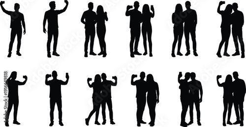 Black Silhouette Set of People Taking Selfies and Couple Posing with Smartphones for Social Media Photography and Digital Communication Concept