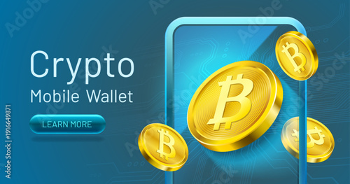 Cryptocurrency mobile wallet concept with flying golden bitcoins.