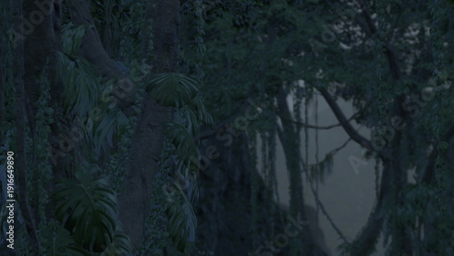 Photography In the heart of an enchanting forest, lush foliage surrounds you as shadows stretch and dance under a soft moonlit glow