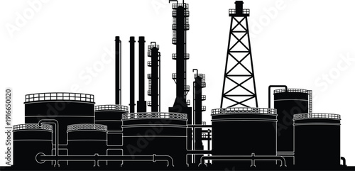 Black Silhouette Vector of Oil Refinery Industrial Plant with Storage Tanks Distillation Columns Pipes and Drilling Rig Tower on White