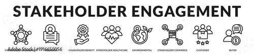 Stakeholder engagement strategy focused on transparent communication, inclusive participation, and sustainable value creation. in Lineal Icon Style