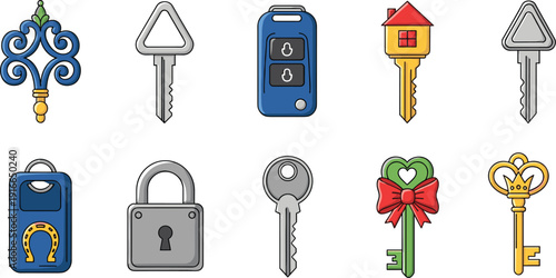 Set of colorful keys, padlocks, and key fobs icons including house, heart, crown, and security symbols isolated on white background