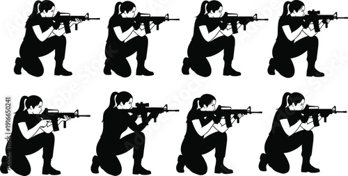 Black silhouette set of woman soldier kneeling with assault rifle for military tactical training defense security and armed forces concept