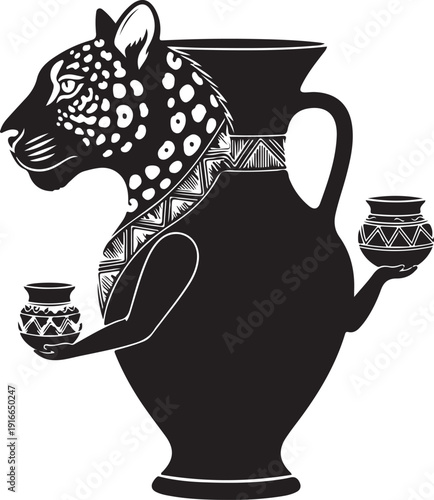 Black and white leopard head vase with two cups