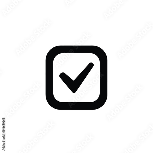 A clean, simple, black and white illustration of a checkmark inside a rounded square, representing confirmation, completion, or a positive choice