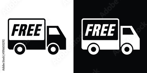 Description: Vector illustration of a delivery truck icon with "FREE" text. Minimalist black and white design for e-commerce, logistics, and shipping promotion