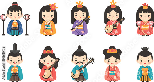 Cute traditional Korean characters in hanbok playing musical instruments representing cultural heritage, royal court, and folk performance illustrated in flat vector style