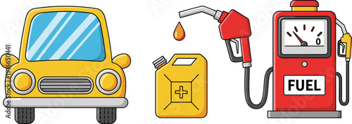 Yellow car fuel pump and gas can vehicle gas pump