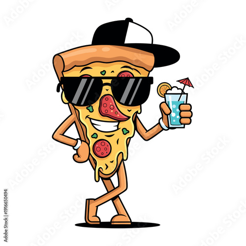 Cool pizza slice character wearing sunglasses and a cap, holding a drink, isolated