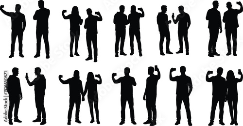 Black Silhouettes of People and Couples Holding Smartphones Taking Selfies Posing and Communicating for Social Media Technology and Digital Lifestyle Vector