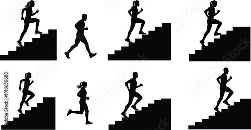 Black Silhouettes of Men and Women Running Up Stairs for Fitness Training Exercise Success Progress and Healthy Active Lifestyle Vector Illustration