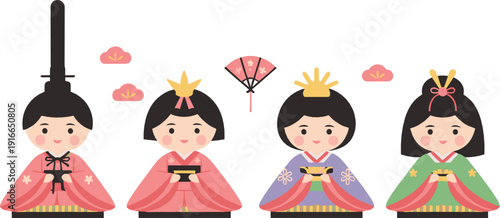 Cute traditional Korean princess characters in colorful hanbok representing royal heritage, cultural festival, and historical costume illustrated in flat vector style