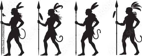 Four Silhouettes of Native American Figures Holding Spears