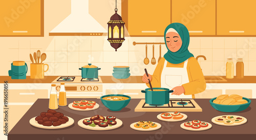 Woman in hijab preparing multiple dishes in the kitchen with care and attention to detail and flavors