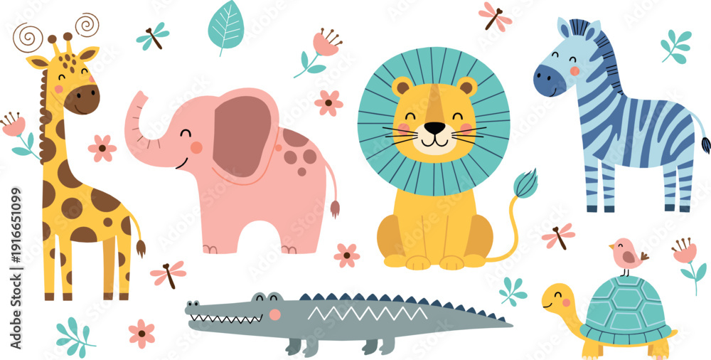 Fototapeta premium Cute wild and zoo animals set with giraffe, elephant, lion, zebra, crocodile, and turtle illustrated in friendly flat vector style for kids design