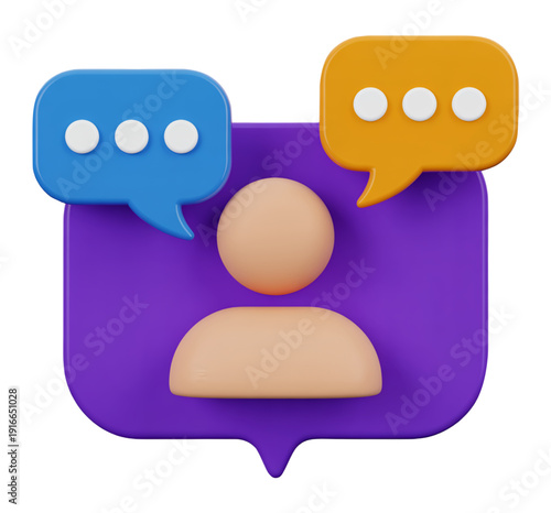 3D Chat Icon with Speech Bubbles and User Profile for Online Communication