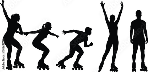 Black Silhouettes of People Roller Skating and Inline Blading in Various Active Poses Isolated on White Background by Flavector Artist.