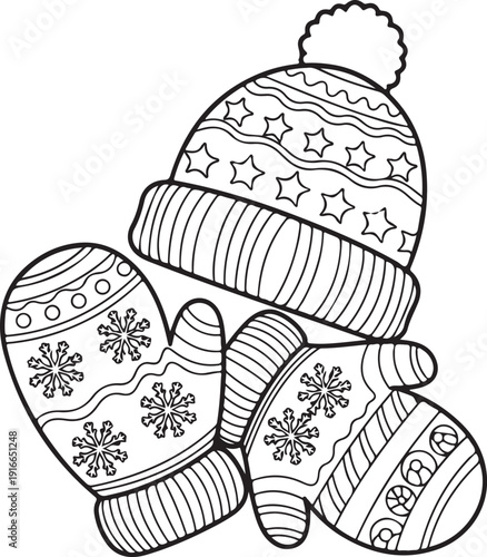 Winter Hat and Mittens with Snowflake and Star Patterns