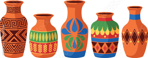 Decorative ceramic pottery vases set with ethnic patterns and traditional ornaments colorful flat vector illustration for interior decor crafts and cultural designs