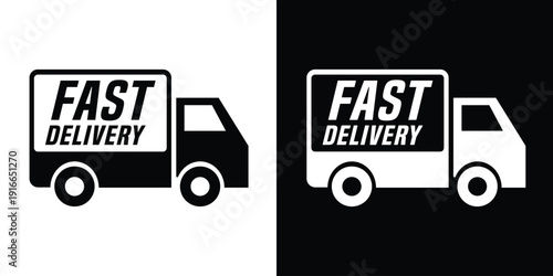 Fast delivery truck icon set. Black and white vector of a moving van for express shipping, logistics, and rapid transport services.