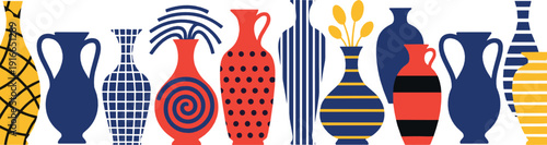 Decorative ceramic vase collection with geometric patterns and bold colors inspired by modern art pottery illustrated in clean flat vector style