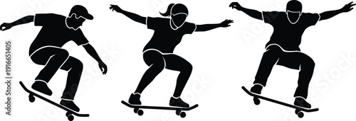 Skateboarder silhouette action sequence showing street skateboarding tricks and dynamic urban sport poses isolated on white background for logo apparel and graphic design