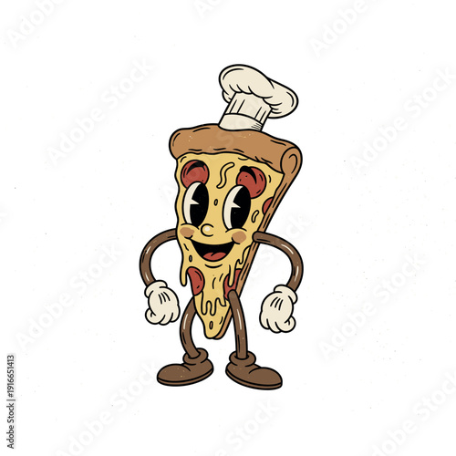 Vintage cartoon pizza slice chef with chef hat and gloves cheerful and friendly cartoon character