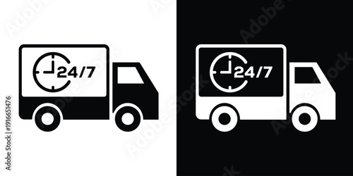 24-hour express delivery truck icon vector. Black and white minimalist design representing fast shipping, round-the-clock service, and urgent logistics solutions.