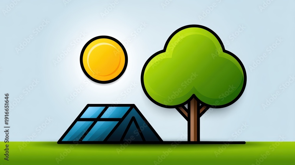 Fototapeta premium Tree and solar panel illustrates harmonious integration of renewable energy technology with nature focusing on a tree and solar panel