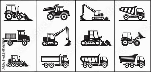 A grid of simple, black and white line art icons representing various construction vehicles. The vehicles are arranged in three rows and columns, with each icon depicting a different type of machinery