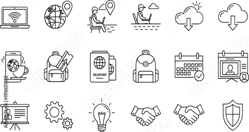 Print Minimalist Digital Nomad and Freelance Business Icon Set Featuring Remote Workspace Connectivity Travel Logistics and Collaborative Professional Symbols