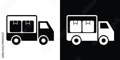 Technical support and repair truck icon. Delivery van with a gear and wrench symbol. Vector art for maintenance services, roadside assistance, and engineering logistics.