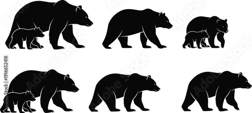 Bear silhouette family collection showing adult and cub walking poses isolated on white background for wildlife illustration nature branding and logo design